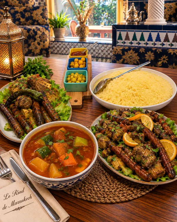 Couscous aux brochettes et merguez, semoule et bouillon de légumes